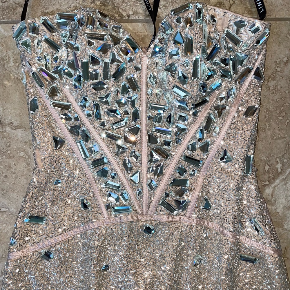 Nude Rhinestone Strapless Mini Dress